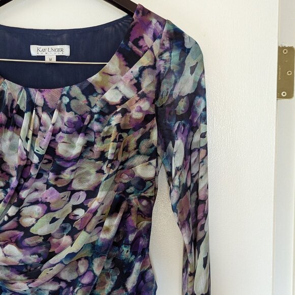 KAY UNGER Floral-Print Draped Waist Stretch Mesh Fabric Dress - Picture 5 of 10